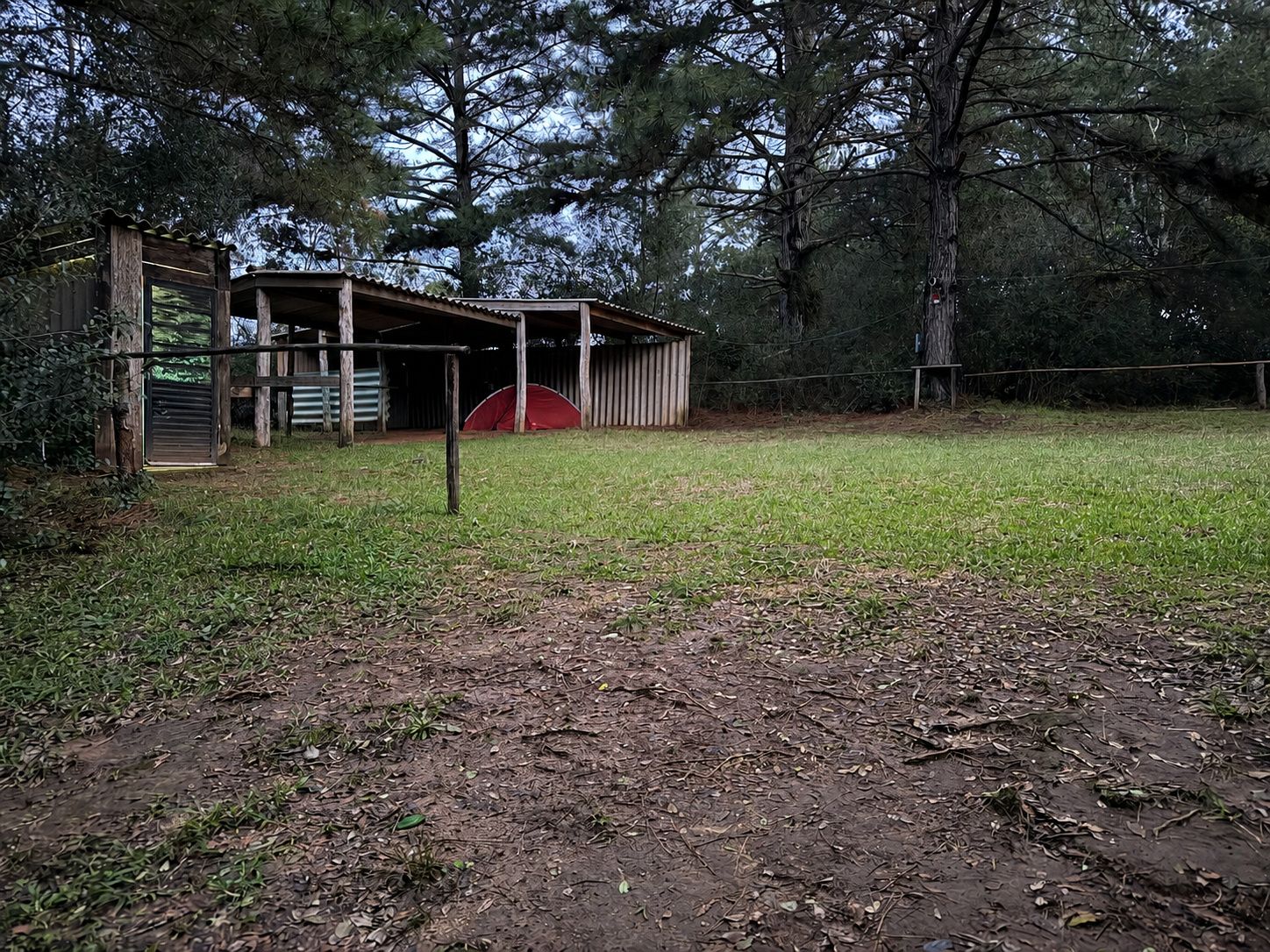 Área abierta de Camping El Caimán con sector techado para carpas